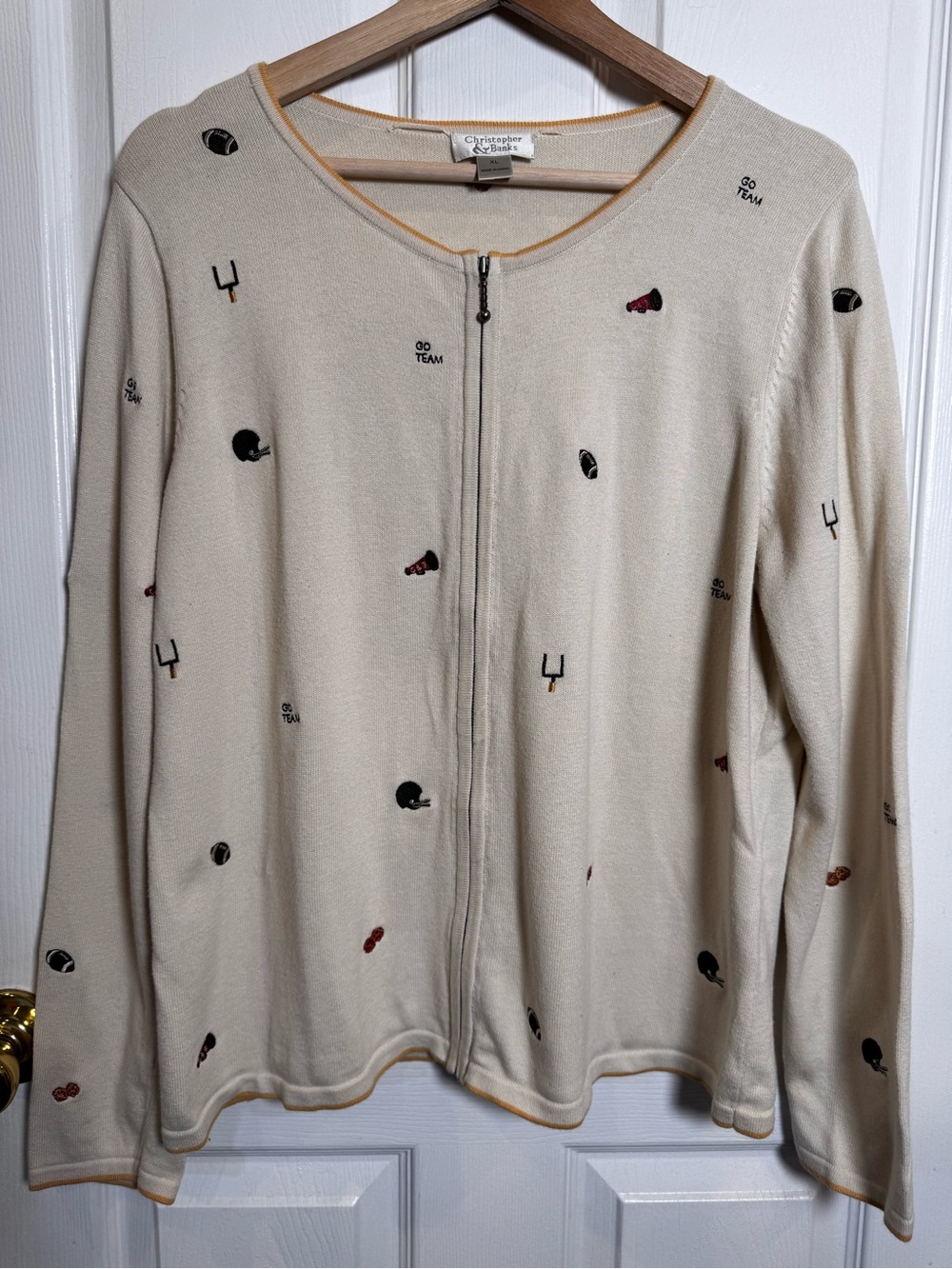 Vintage Christopher & Banks XL Football Embroidered Zip Cardigan Y2K